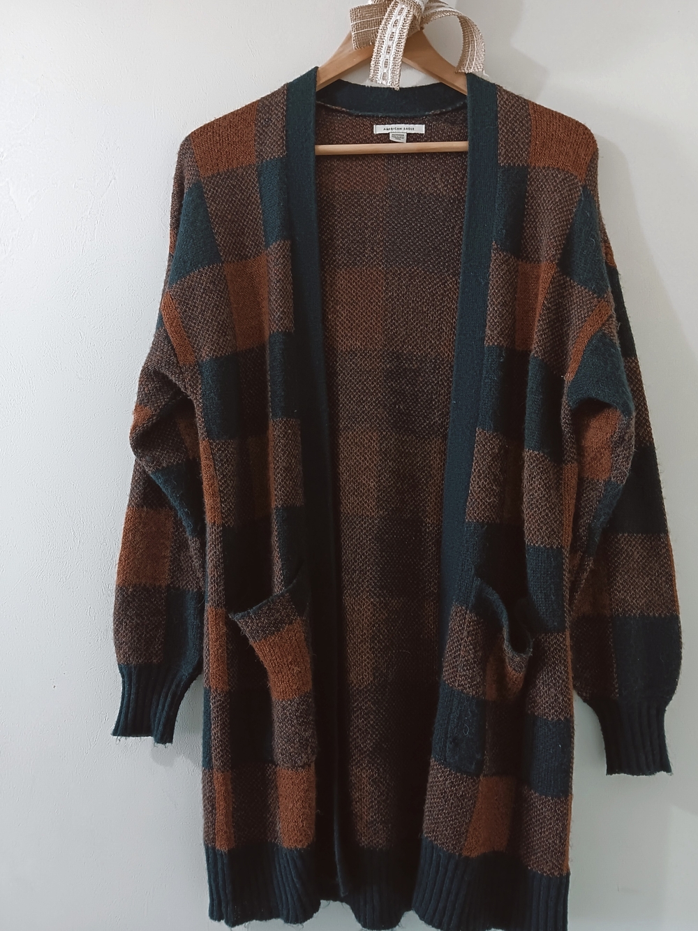 American Eagle Wool Blend Plaid Open Front Sweater Knit Cardigan XS Brown & Navy